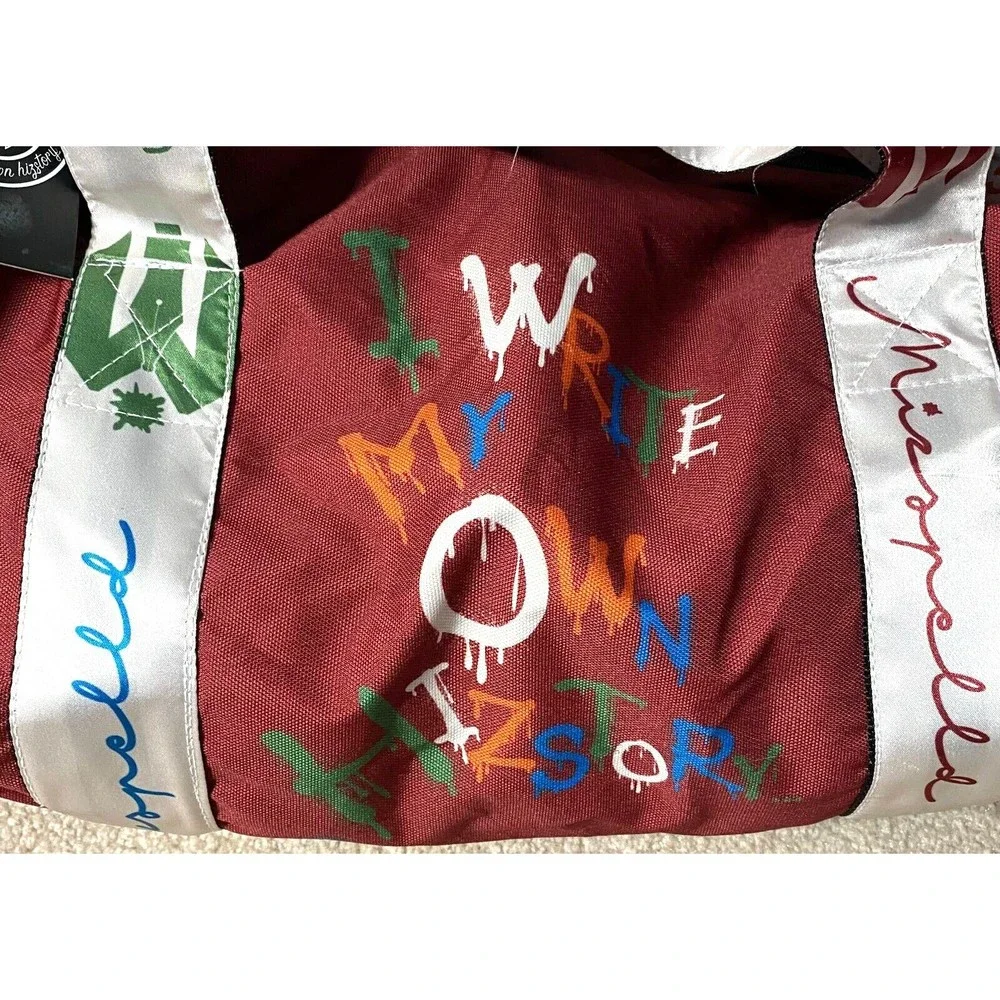 Mizspelld Write Your Own Hizstory Maroon Red Weekender Duffel Bag NWT 25x12x12